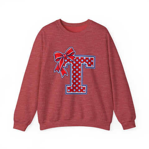 Tuslaw Mustangs Ladies — Red Polka Dot Monogram Crewneck Sweatshirt in Heather Scarlet Red