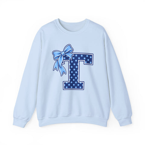 Tuslaw Mustangs Ladies — Blue Polka Dot Monogram Crewneck Sweatshirt in Light Blue