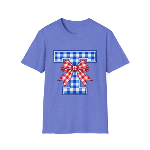 Tuslaw Mustangs Ladies — Gingham Style Monogram T-Shirt in Heather Royal