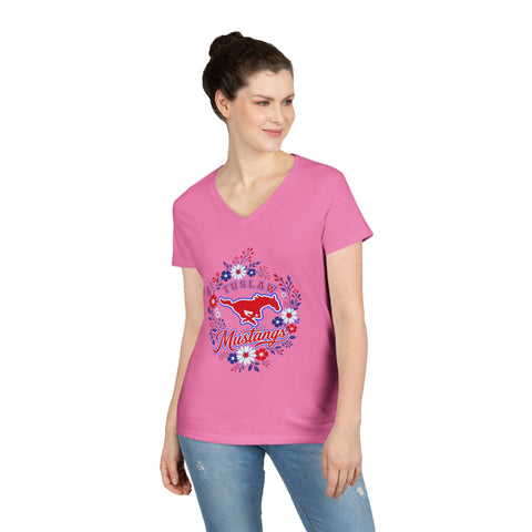 Tuslaw Mustangs Ladies — Floral Wreath V-Neck T-Shirt