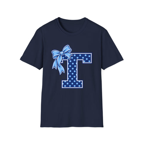 Tuslaw Mustangs Ladies — Blue Polka Dot Monogram T-Shirt in Navy