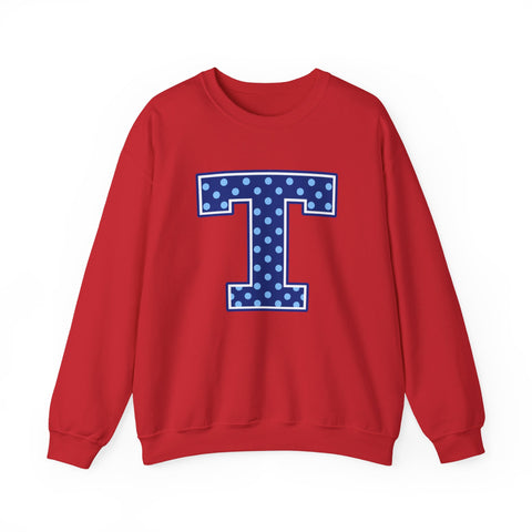 Tuslaw Mustangs — Blue Polka Dot Monogram Crewneck (No Bow) in Red