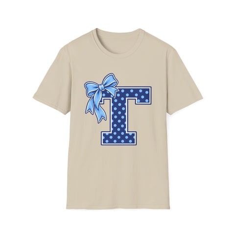 Tuslaw Mustangs Ladies — Blue Polka Dot Monogram T-Shirt in Sand