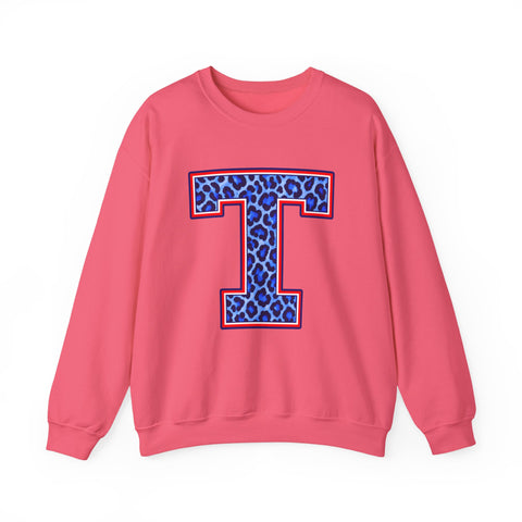 Tuslaw Mustangs Ladies — Leopard Print Monogram Crewneck Sweatshirt in Safety Pink