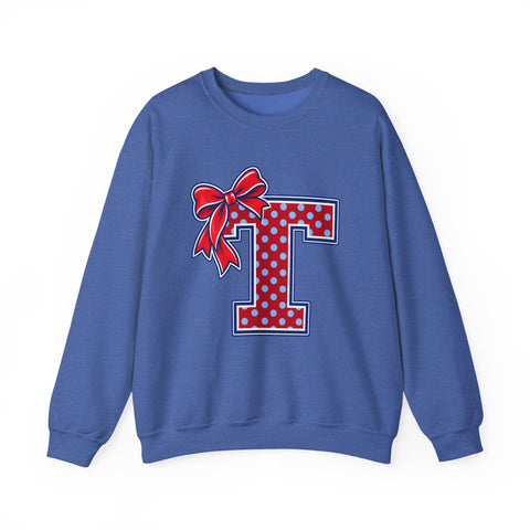 Tuslaw Mustangs Ladies — Red Polka Dot Monogram Crewneck Sweatshirt in Heather Sport Royal
