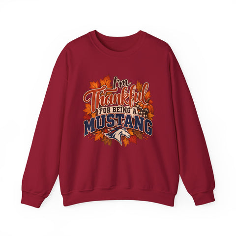 Thankful for Being Mustang Thanksgiving Crewneck Sweatshirt in Cardinal Red
