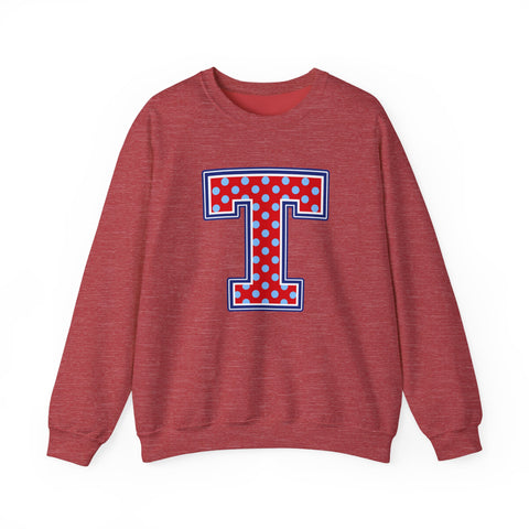 Tuslaw Mustangs — Red Polka Dot Monogram Crewneck (No Bow) in Heather Scarlet Red