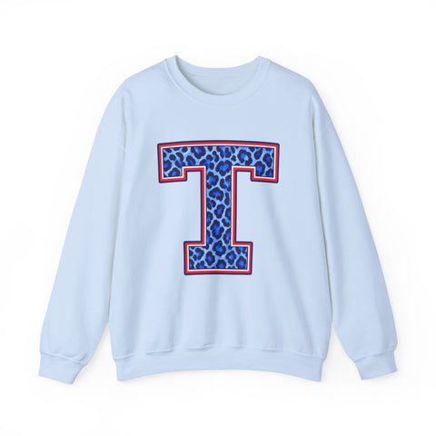 Tuslaw Mustangs Ladies — Leopard Print Monogram Crewneck Sweatshirt in Light Blue