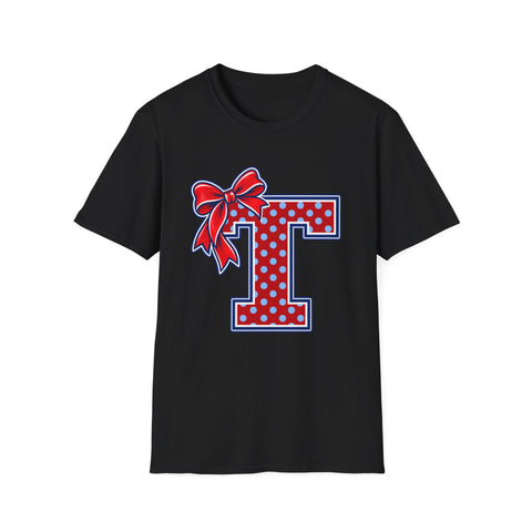Tuslaw Mustangs Ladies — Red Polka Dot Monogram T-Shirt in Black