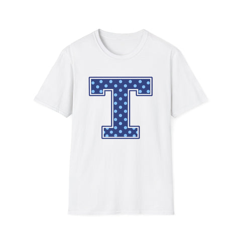 Tuslaw Mustangs — Blue Polka Dot Monogram T-Shirt (No Bow) in White