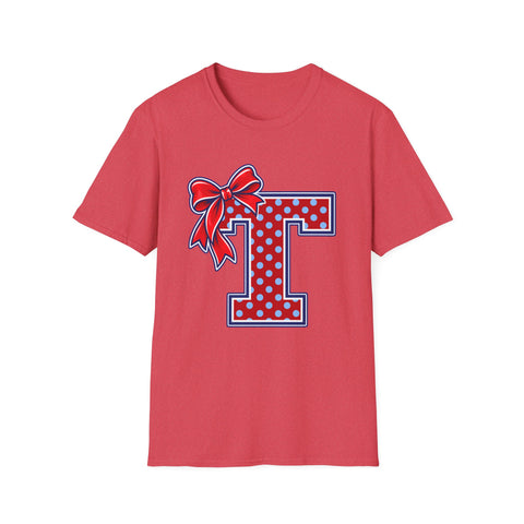 Tuslaw Mustangs Ladies — Red Polka Dot Monogram T-Shirt in Heather Red