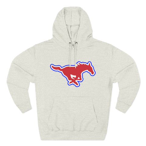 Mustang Logo Hoodie — Retro Red & Blue Running Horse Graphic Fleece