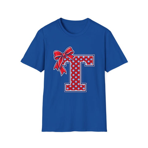 Tuslaw Mustangs Ladies — Red Polka Dot Monogram T-Shirt in Royal