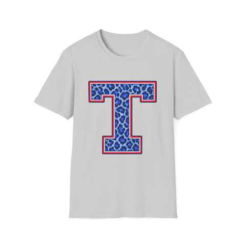 Tuslaw Mustangs Ladies — Leopard Print Monogram T-Shirt in Ice Grey