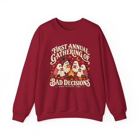 First Annual Gathering of Bad Decisions Sweatshirt — Funny Ghosts Girls Weekend Crewneck in Cardinal Red