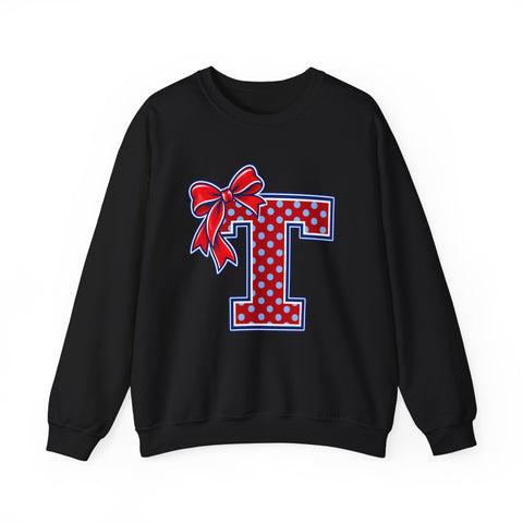 Tuslaw Mustangs Ladies — Red Polka Dot Monogram Crewneck Sweatshirt in Black
