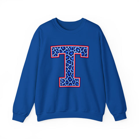 Tuslaw Mustangs Ladies — Leopard Print Monogram Crewneck Sweatshirt in Royal