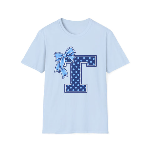 Tuslaw Mustangs Ladies — Blue Polka Dot Monogram T-Shirt