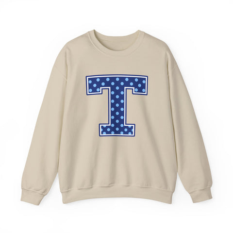 Tuslaw Mustangs — Blue Polka Dot Monogram Crewneck (No Bow) in Sand