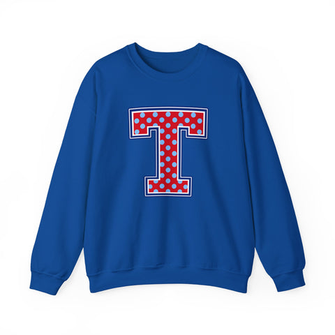 Tuslaw Mustangs — Red Polka Dot Monogram Crewneck (No Bow) in Royal