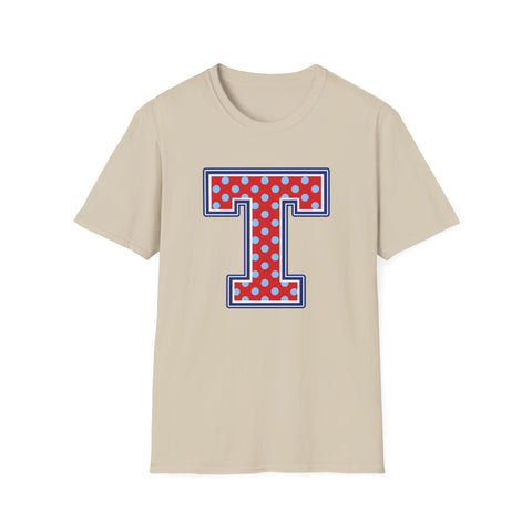 Tuslaw Mustangs — Red Polka Dot Monogram T-Shirt (No Bow) in Sand