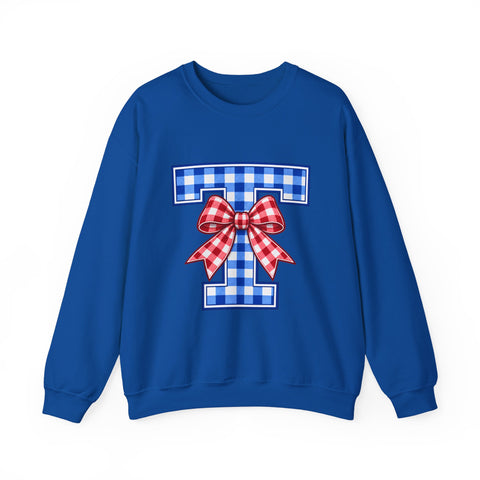 Tuslaw Mustangs Ladies — Gingham Style Monogram Crewneck Sweatshirt in Royal