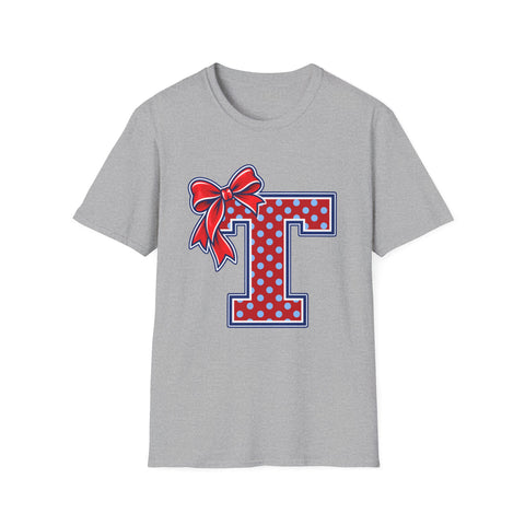 Tuslaw Mustangs Ladies — Red Polka Dot Monogram T-Shirt in Sport Grey