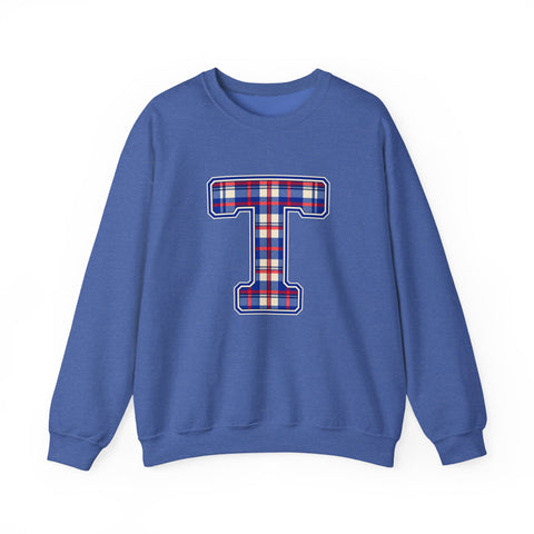 Tuslaw Mustangs Plaid Monogram Crewneck Sweatshirt in Heather Sport Royal