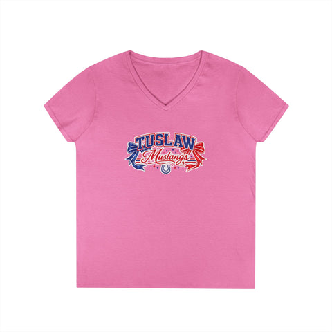 Tuslaw Mustangs Ladies — Red & Blue Bows V-Neck T-Shirt