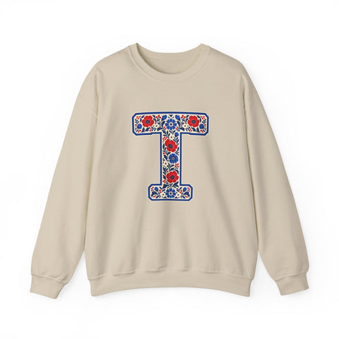 Tuslaw Mustangs Farmhouse Floral Monogram Crewneck Sweatshirt in Sand