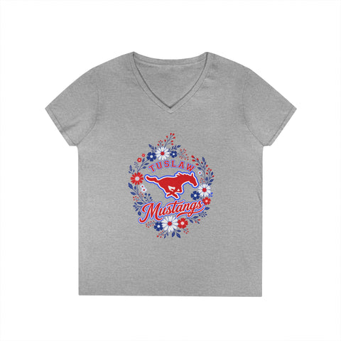 Tuslaw Mustangs Ladies — Floral Wreath V-Neck T-Shirt