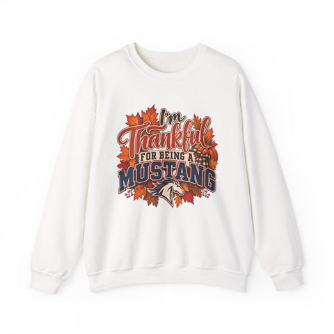 Thankful for Being Mustang Thanksgiving Crewneck Sweatshirt in White