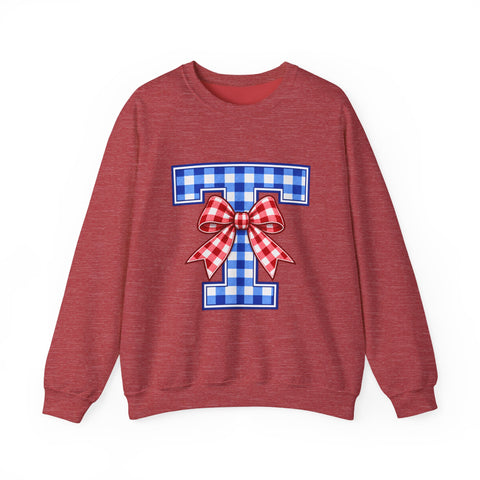 Tuslaw Mustangs Ladies — Gingham Style Monogram Crewneck Sweatshirt in Heather Scarlet Red
