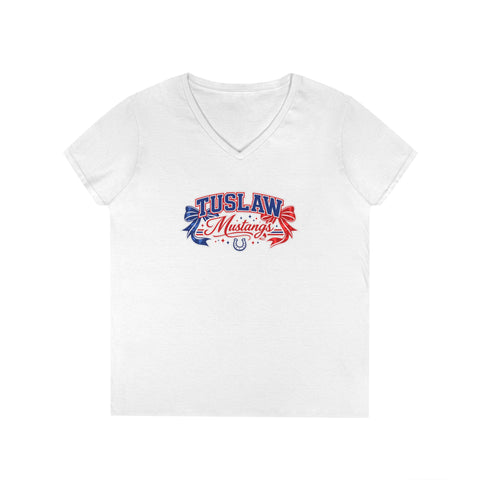 Tuslaw Mustangs Ladies — Red & Blue Bows V-Neck T-Shirt