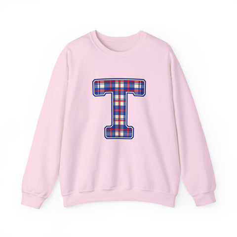 Tuslaw Mustangs Plaid Monogram Crewneck Sweatshirt in Light Pink
