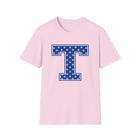 Tuslaw Mustangs — Blue Polka Dot Monogram T-Shirt (No Bow) in Light Pink
