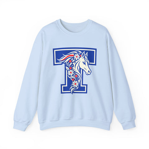 Tuslaw Mustangs — Floral Mane Monogram Crewneck Sweatshirt in Light Blue