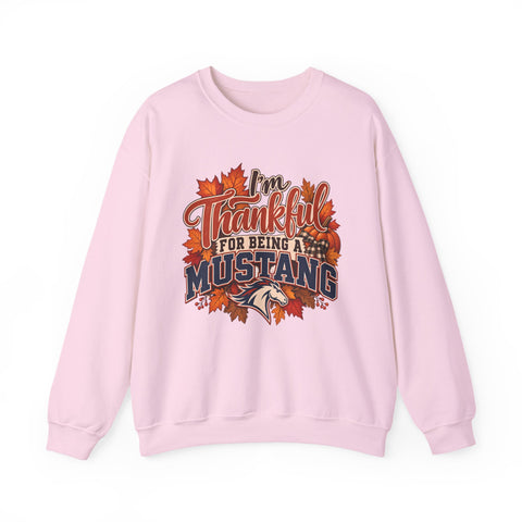 Thankful for Being Mustang Thanksgiving Crewneck Sweatshirt in Light Pink