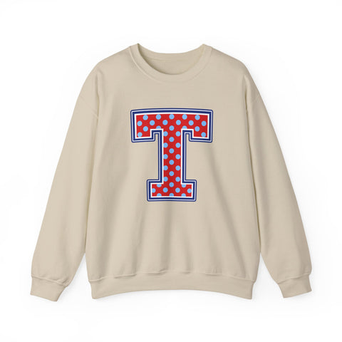 Tuslaw Mustangs — Red Polka Dot Monogram Crewneck (No Bow) in Sand