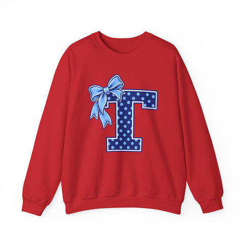 Tuslaw Mustangs Ladies — Blue Polka Dot Monogram Crewneck Sweatshirt in Red