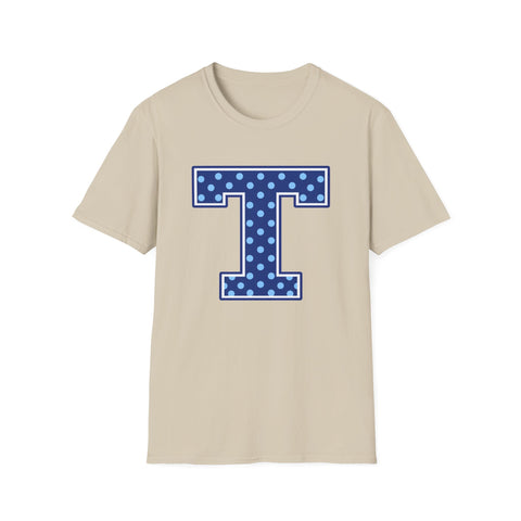 Tuslaw Mustangs — Blue Polka Dot Monogram T-Shirt (No Bow) in Sand