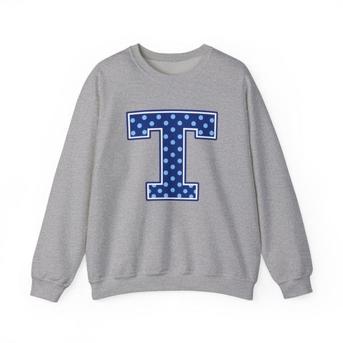 Tuslaw Mustangs — Blue Polka Dot Monogram Crewneck (No Bow) in Sport Grey
