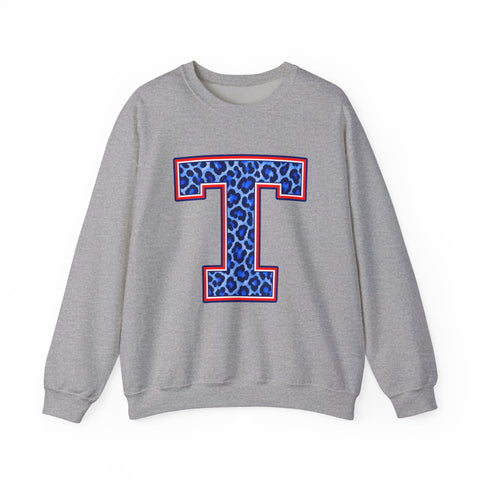 Tuslaw Mustangs Ladies — Leopard Print Monogram Crewneck Sweatshirt in Sport Grey