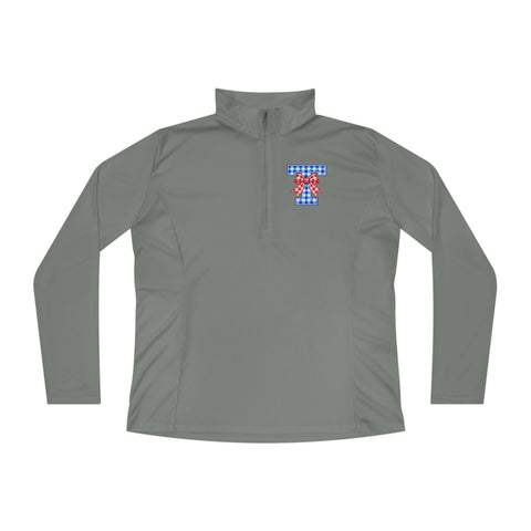 Tuslaw Mustangs Gingham Bow Monogram Women’s Quarter-Zip in Grey Concrete