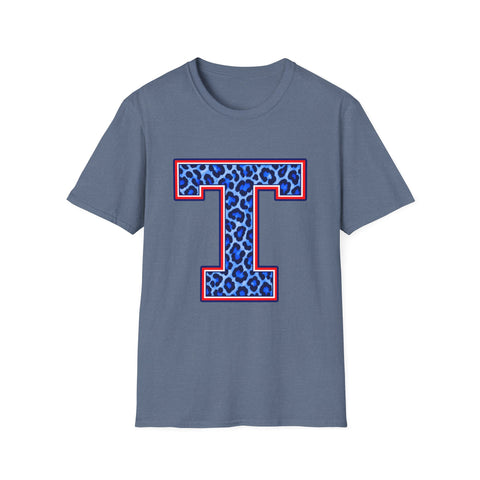Tuslaw Mustangs Ladies — Leopard Print Monogram T-Shirt in Heather Indigo