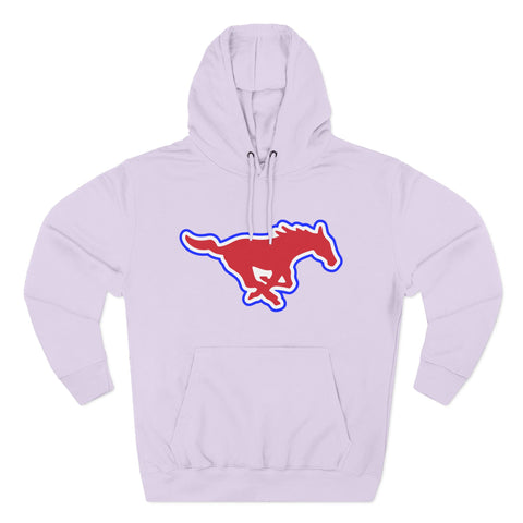 Mustang Logo Hoodie — Retro Red & Blue Running Horse Graphic Fleece