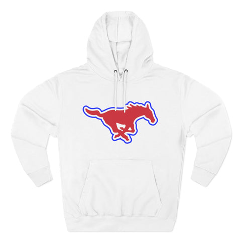 Mustang Logo Hoodie — Retro Red & Blue Running Horse Graphic Fleece