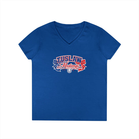 Tuslaw Mustangs Ladies — Red & Blue Bows V-Neck T-Shirt