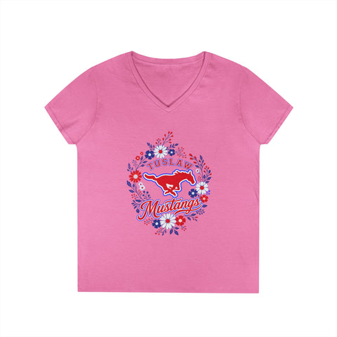 Tuslaw Mustangs Ladies — Floral Wreath V-Neck T-Shirt