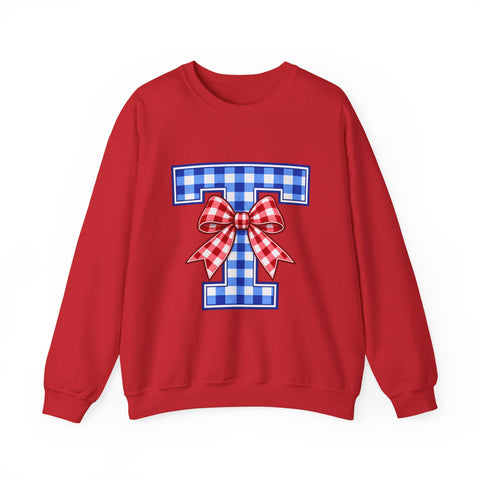 Tuslaw Mustangs Ladies — Gingham Style Monogram Crewneck Sweatshirt in Red